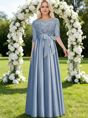 A-Line/Princess Lace Appliques Satin Floor-Length Mother of the Bride Dresses with Bow