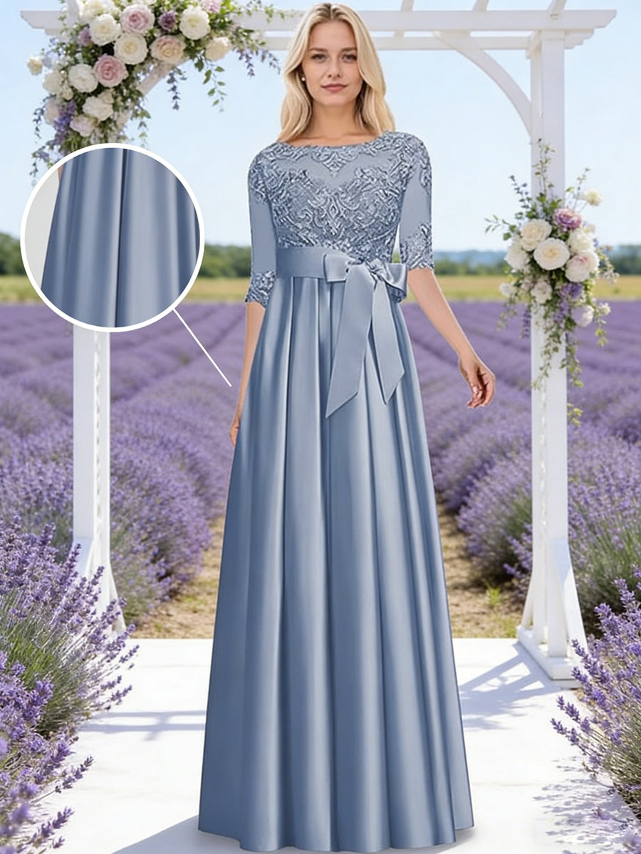 A-Line/Princess Lace Appliques Satin Floor-Length Mother of the Bride Dresses with Bow