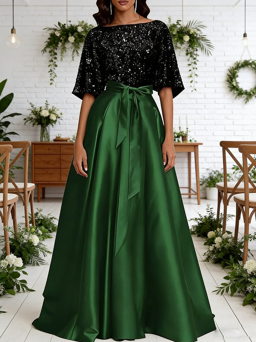 A-Line/Princess Boat Neck Satin Sparkly Sequins Floor-Length Mother of the Bride Dresses with Belt