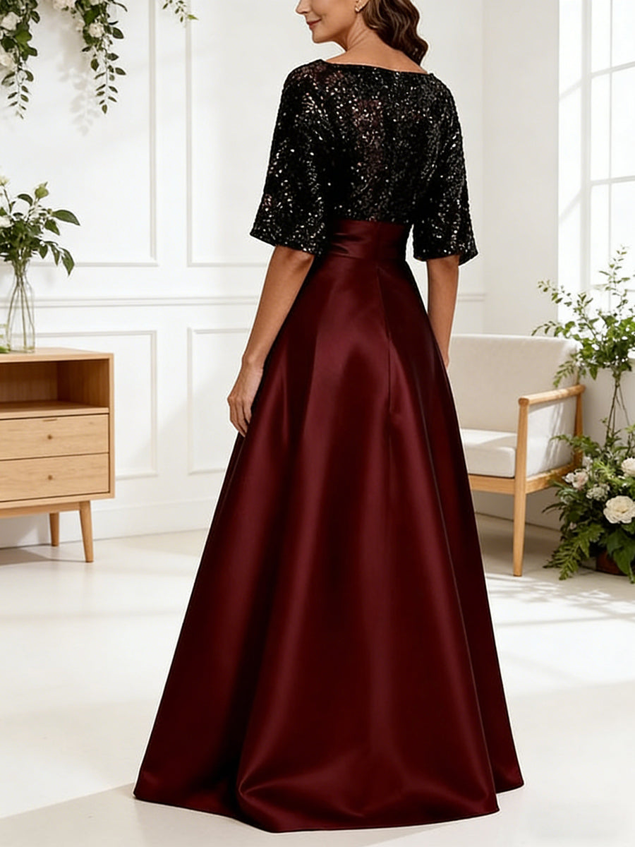 A-Line/Princess Boat Neck Satin Sparkly Sequins Floor-Length Mother of the Bride Dresses with Belt