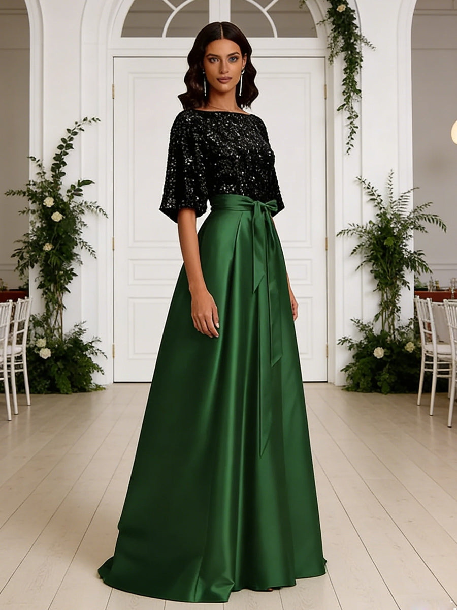 A-Line/Princess Boat Neck Satin Sparkly Sequins Floor-Length Mother of the Bride Dresses with Belt