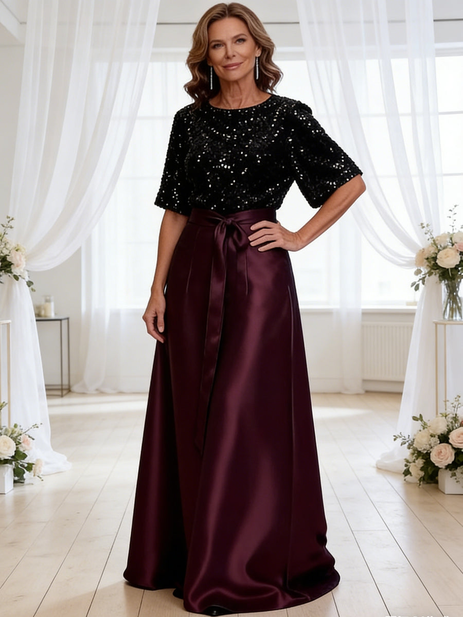 A-Line/Princess Boat Neck Satin Sparkly Sequins Floor-Length Mother of the Bride Dresses with Belt