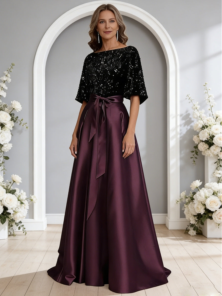 A-Line/Princess Boat Neck Satin Sparkly Sequins Floor-Length Mother of the Bride Dresses with Belt