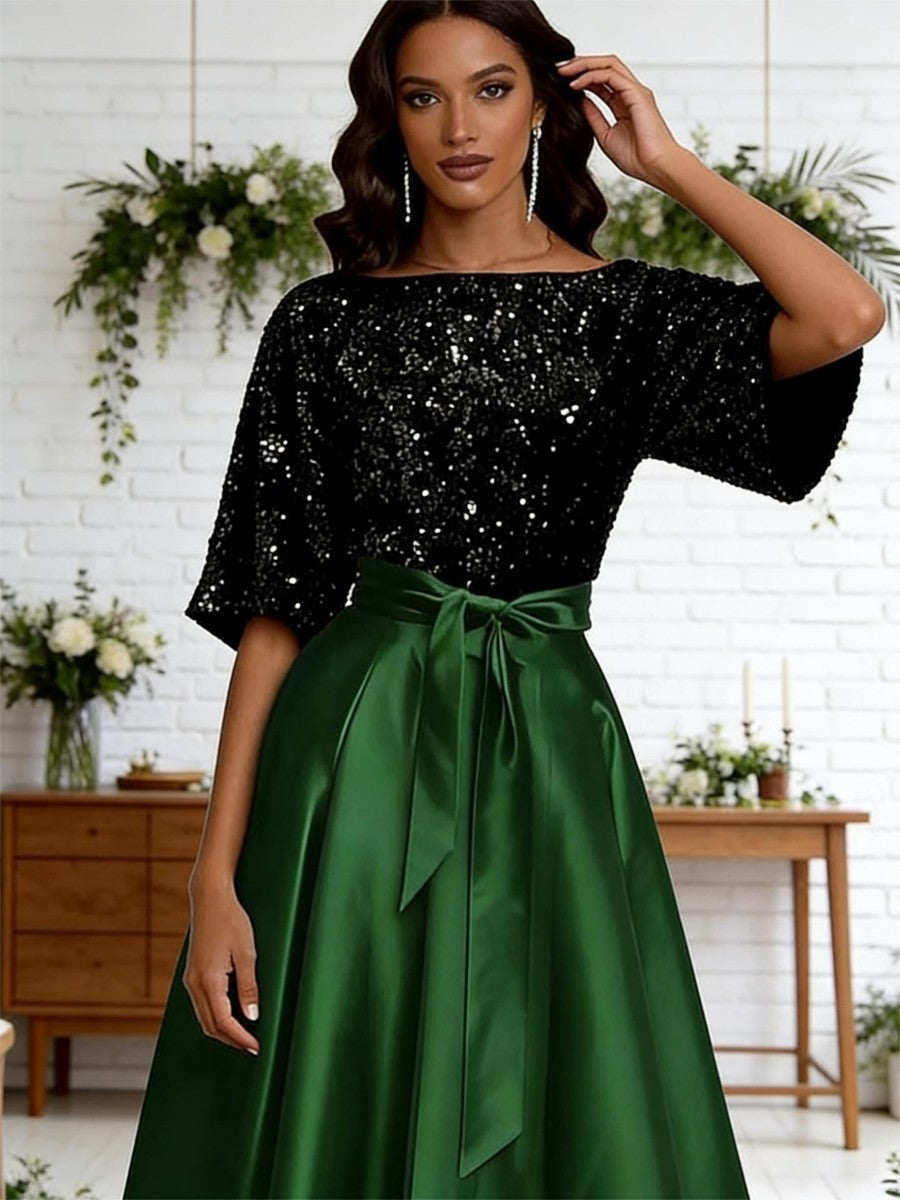 A-Line/Princess Boat Neck Satin Sparkly Sequins Floor-Length Mother of the Bride Dresses with Belt