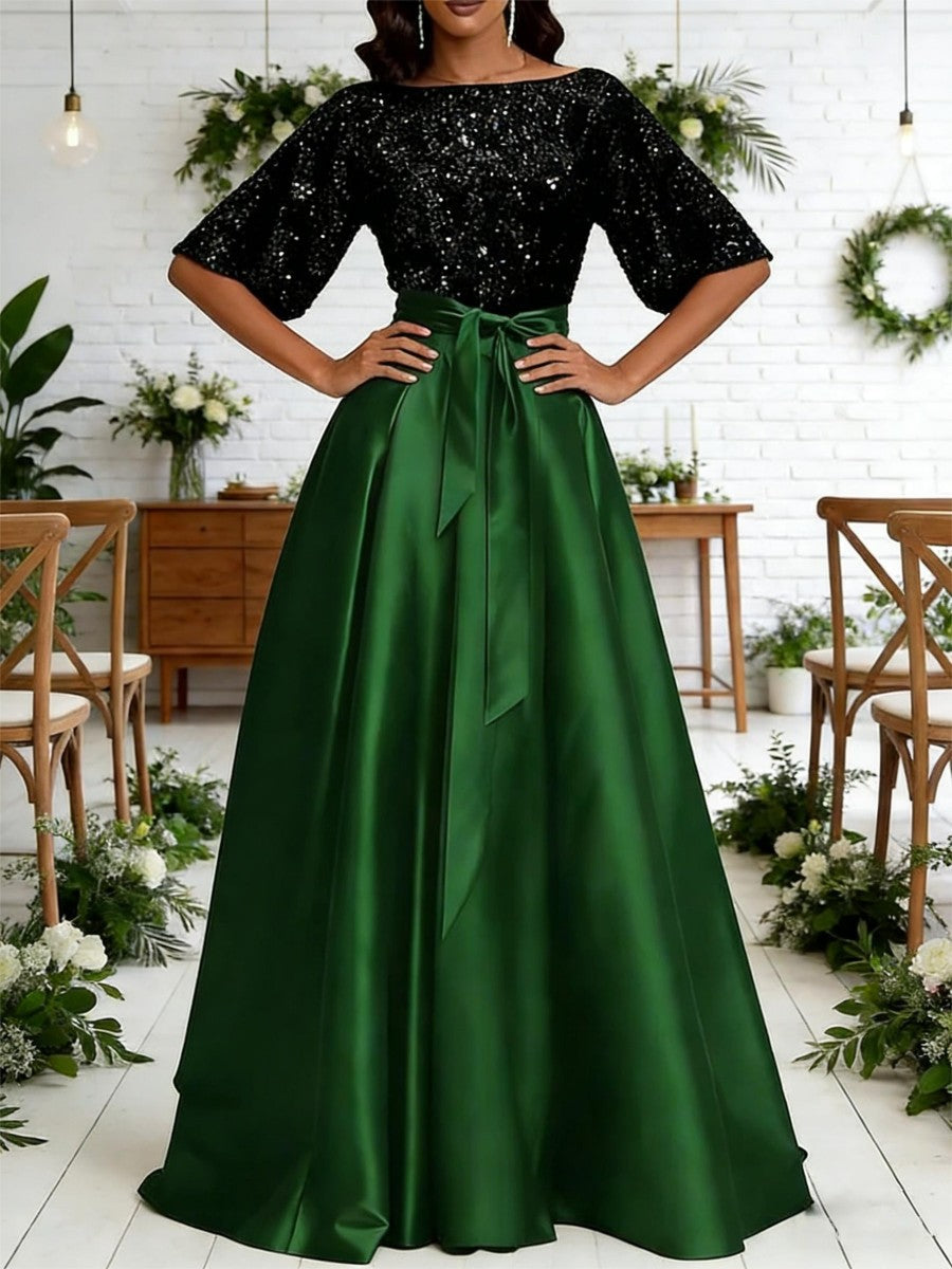 A-Line/Princess Boat Neck Satin Sparkly Sequins Floor-Length Mother of the Bride Dresses with Belt
