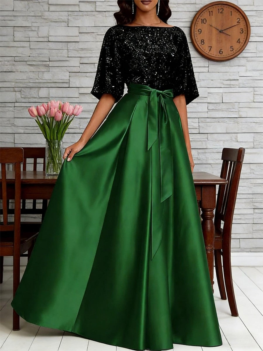 A-Line/Princess Boat Neck Satin Sparkly Sequins Floor-Length Mother of the Bride Dresses with Belt