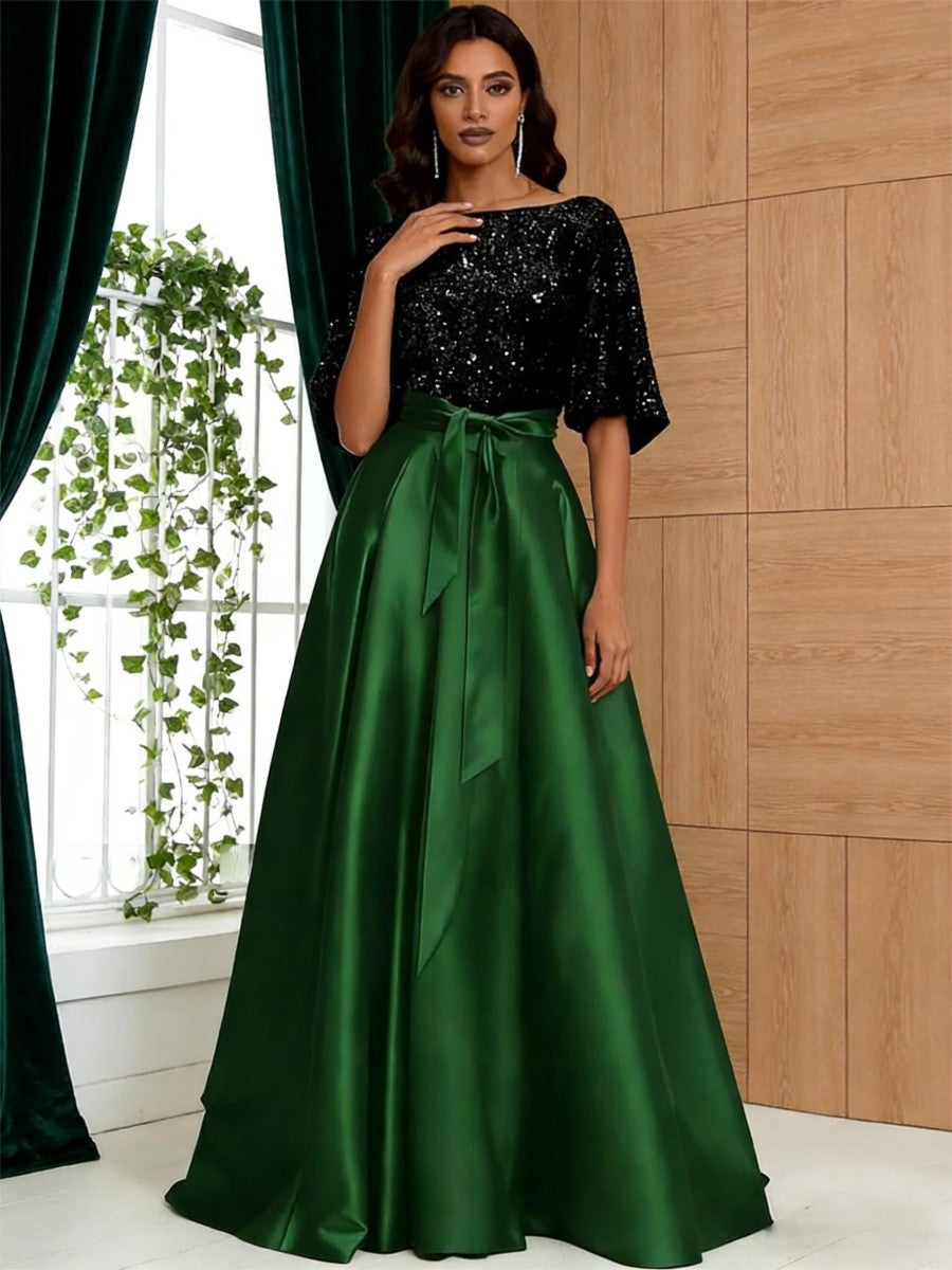 A-Line/Princess Boat Neck Satin Sparkly Sequins Floor-Length Mother of the Bride Dresses with Belt