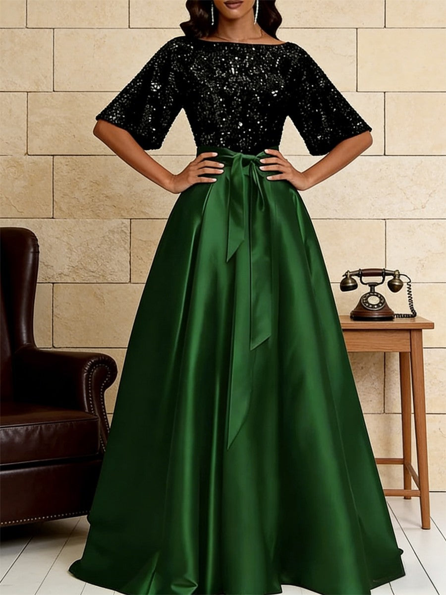 A-Line/Princess Boat Neck Satin Sparkly Sequins Floor-Length Mother of the Bride Dresses with Belt