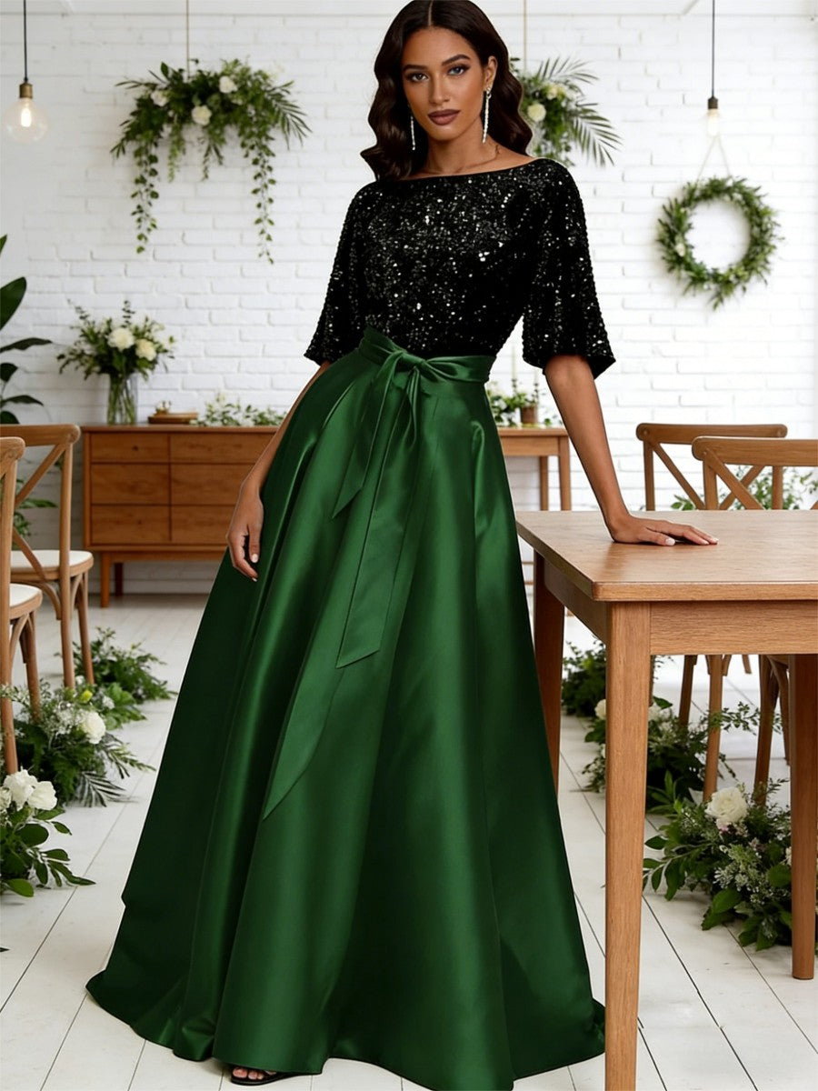 A-Line/Princess Boat Neck Satin Sparkly Sequins Floor-Length Mother of the Bride Dresses with Belt