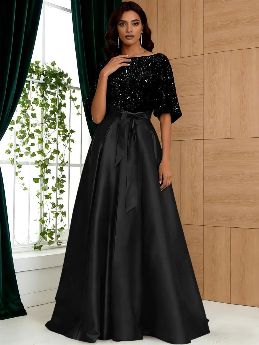 A-Line/Princess Boat Neck Satin Sparkly Sequins Floor-Length Mother of the Bride Dresses with Belt