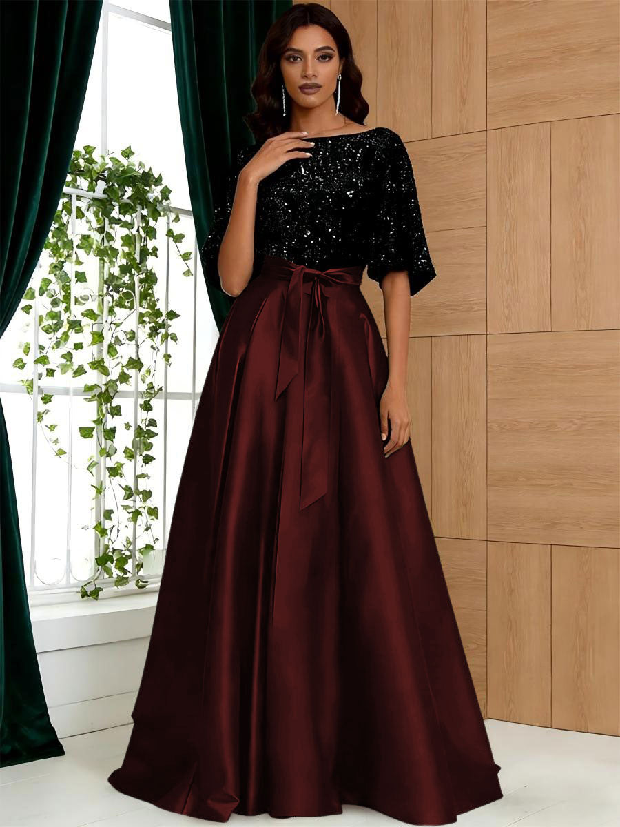 A-Line/Princess Boat Neck Satin Sparkly Sequins Floor-Length Mother of the Bride Dresses with Belt