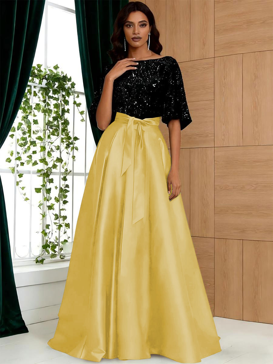 A-Line/Princess Boat Neck Satin Sparkly Sequins Floor-Length Mother of the Bride Dresses with Belt