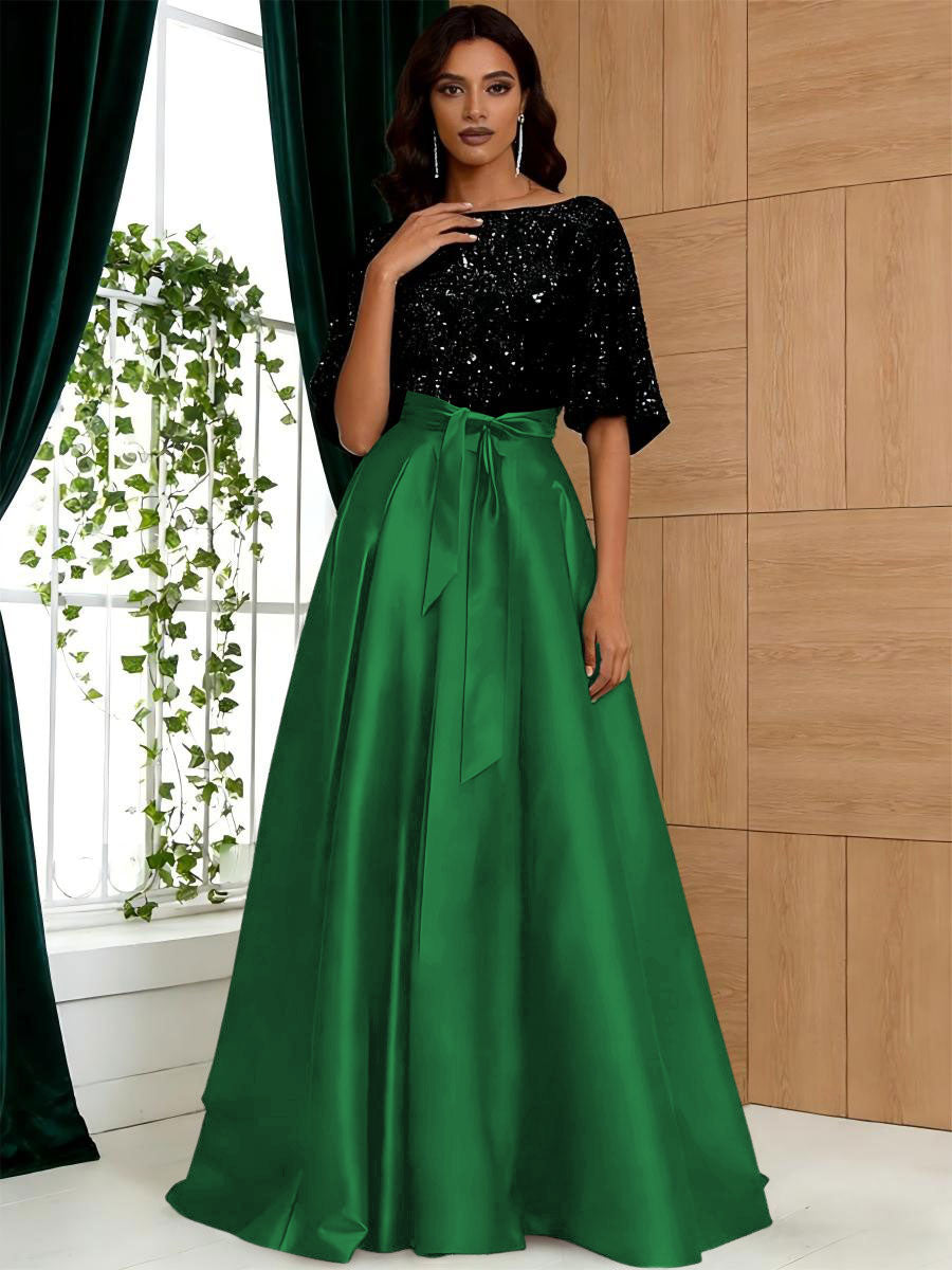 A-Line/Princess Boat Neck Satin Sparkly Sequins Floor-Length Mother of the Bride Dresses with Belt