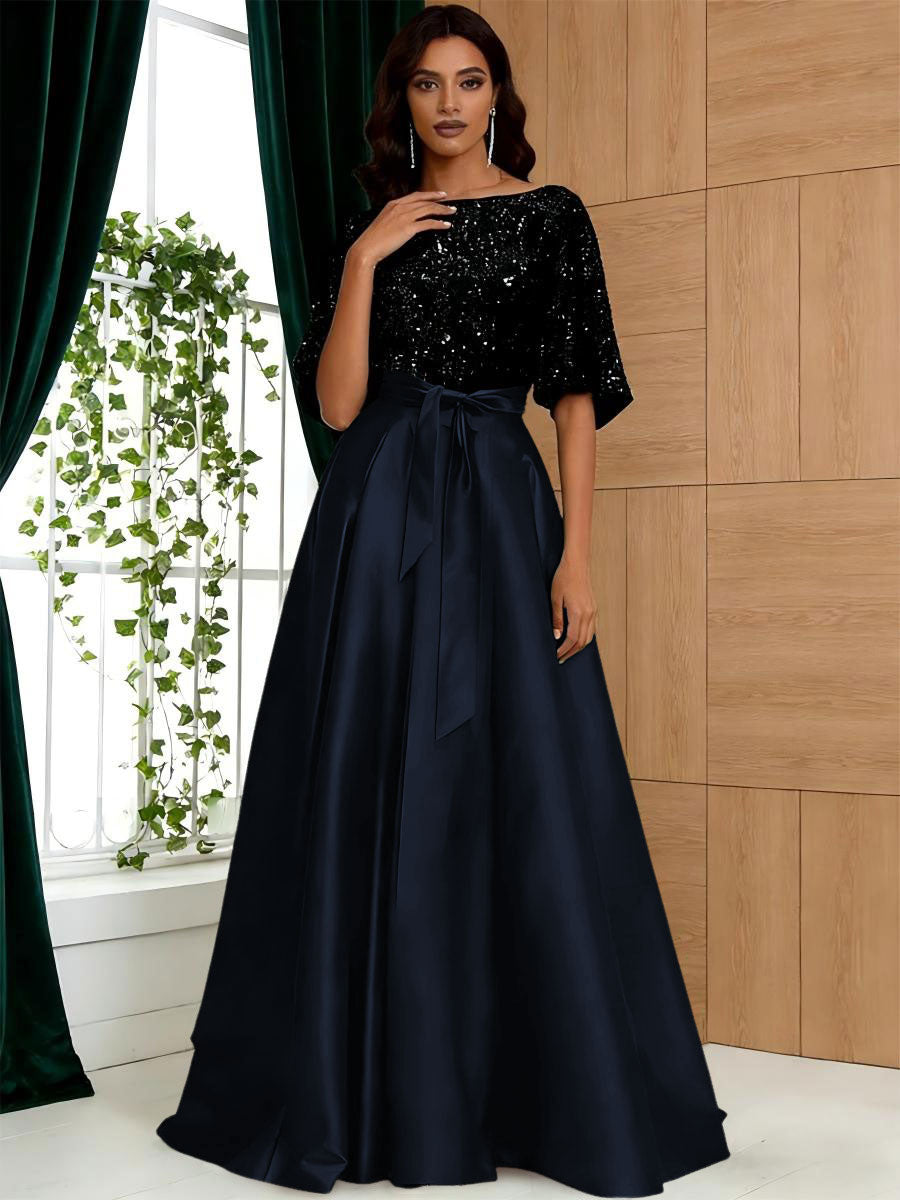 A-Line/Princess Boat Neck Satin Sparkly Sequins Floor-Length Mother of the Bride Dresses with Belt