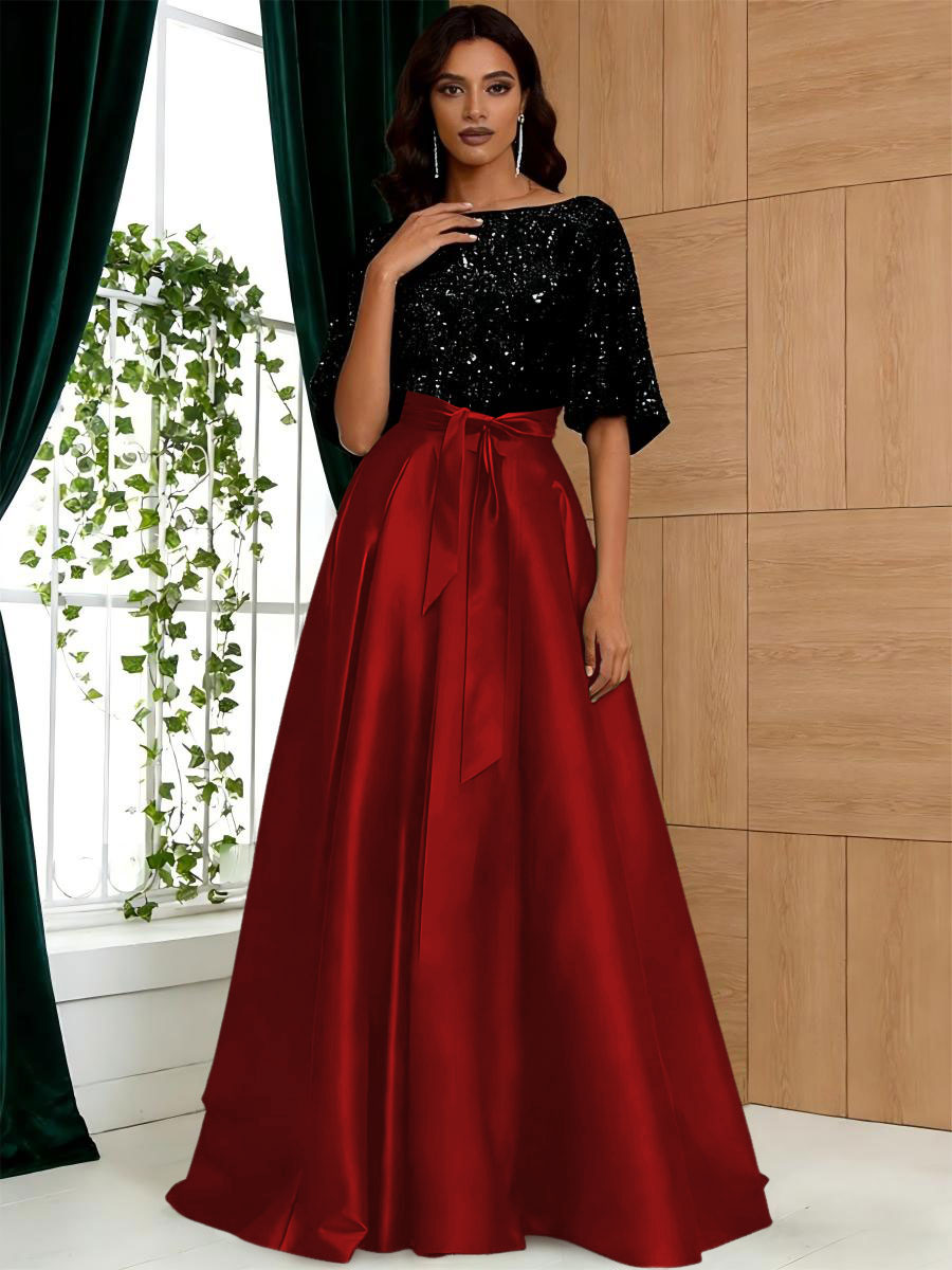 A-Line/Princess Boat Neck Satin Sparkly Sequins Floor-Length Mother of the Bride Dresses with Belt