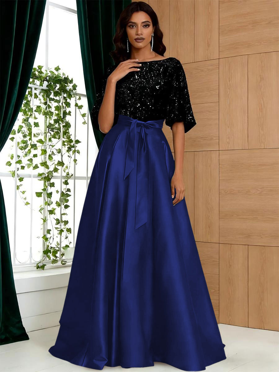 A-Line/Princess Boat Neck Satin Sparkly Sequins Floor-Length Mother of the Bride Dresses with Belt