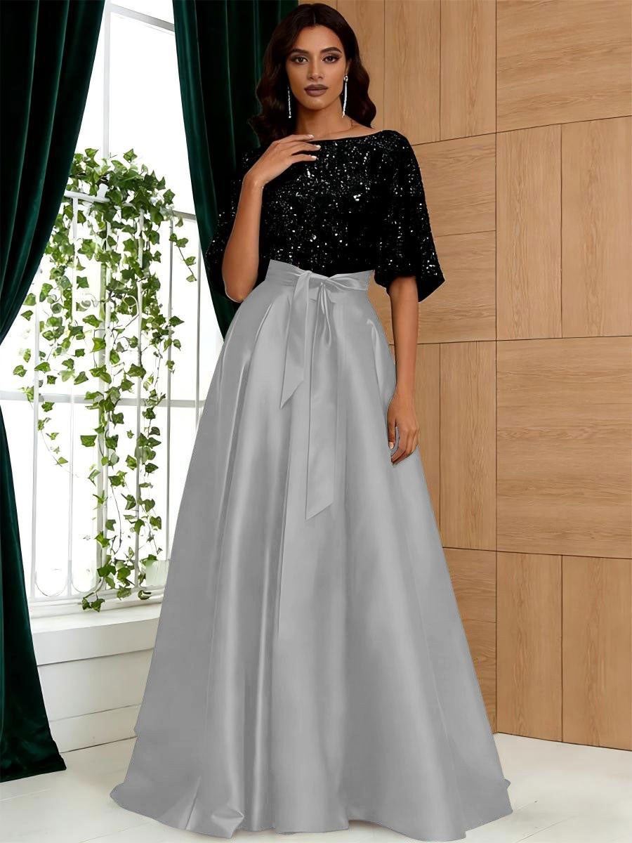 A-Line/Princess Boat Neck Satin Sparkly Sequins Floor-Length Mother of the Bride Dresses with Belt