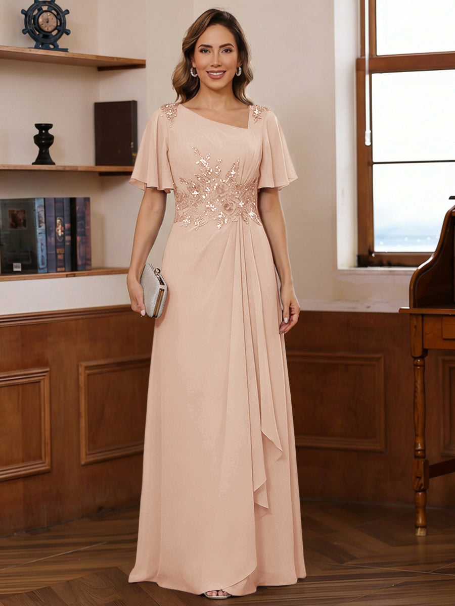 A-Line/Princess Asymmetrical Pleated Floor-Length Mother of the Bride Dresses with Sequins