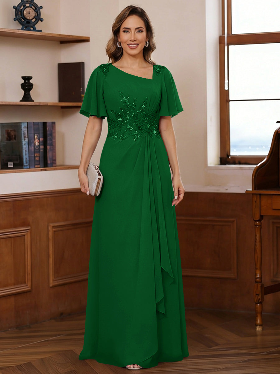 A-Line/Princess Asymmetrical Pleated Floor-Length Mother of the Bride Dresses with Sequins
