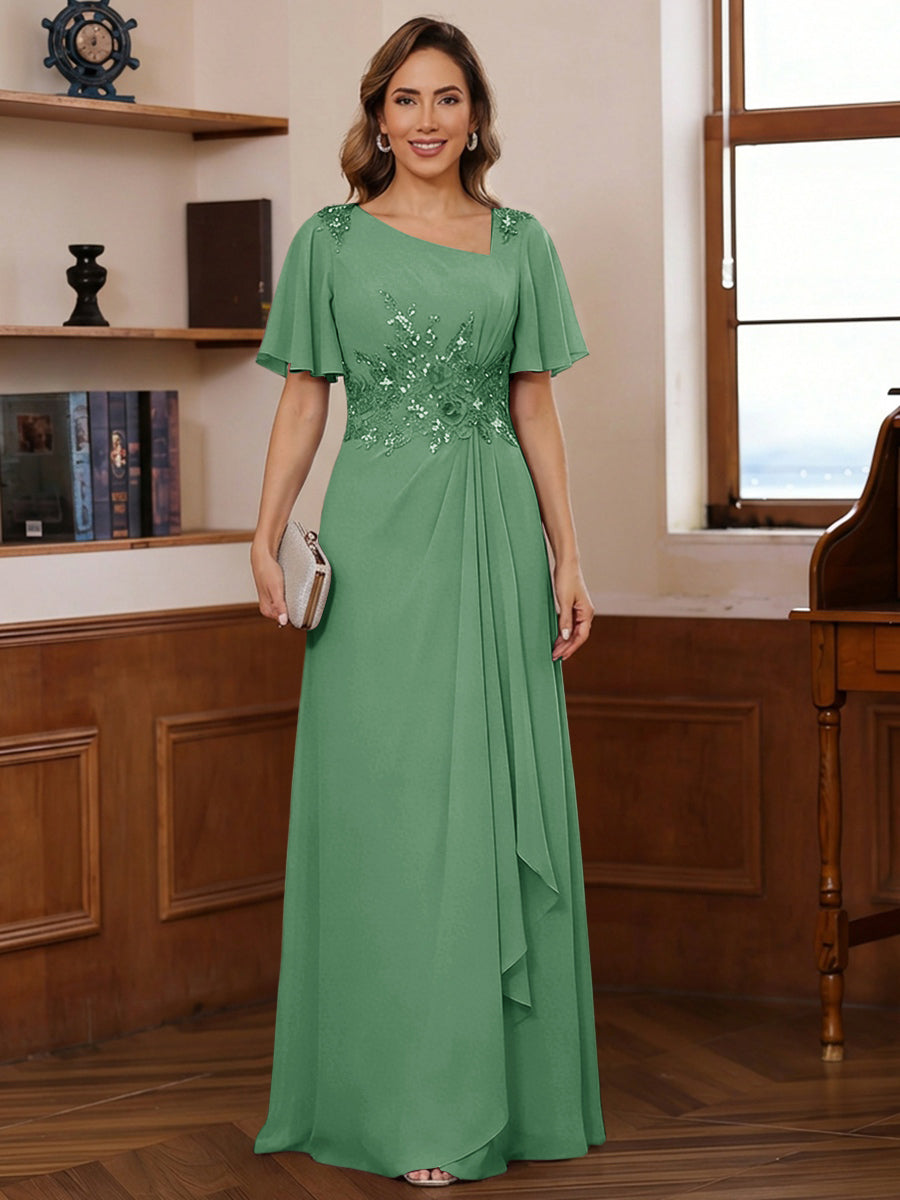 A-Line/Princess Asymmetrical Pleated Floor-Length Mother of the Bride Dresses with Sequins