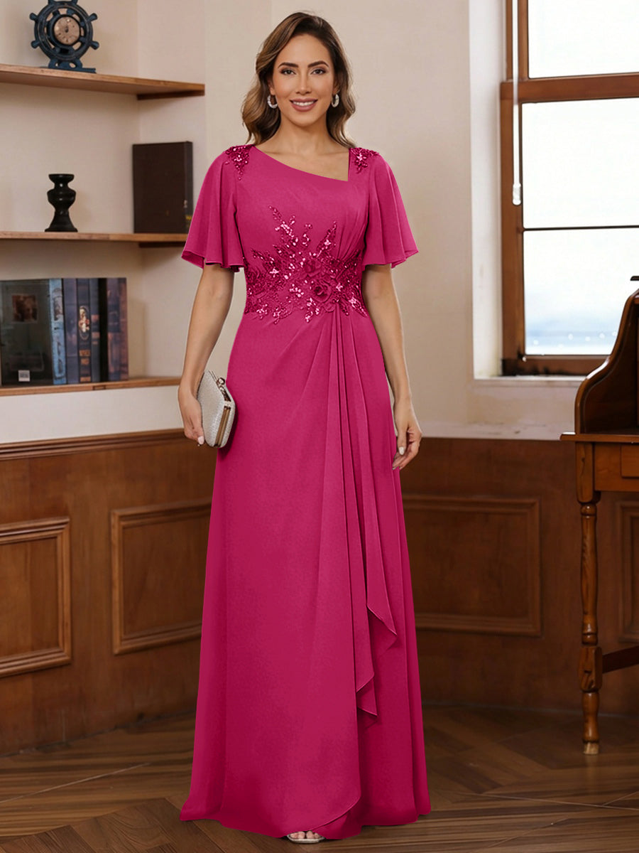 A-Line/Princess Asymmetrical Pleated Floor-Length Mother of the Bride Dresses with Sequins