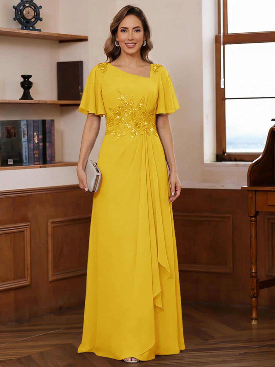 A-Line/Princess Asymmetrical Pleated Floor-Length Mother of the Bride Dresses with Sequins