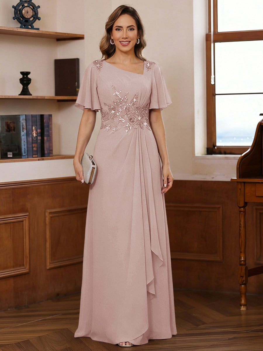 A-Line/Princess Asymmetrical Pleated Floor-Length Mother of the Bride Dresses with Sequins