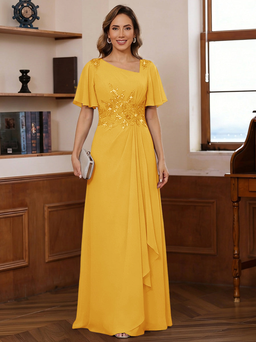 A-Line/Princess Asymmetrical Pleated Floor-Length Mother of the Bride Dresses with Sequins