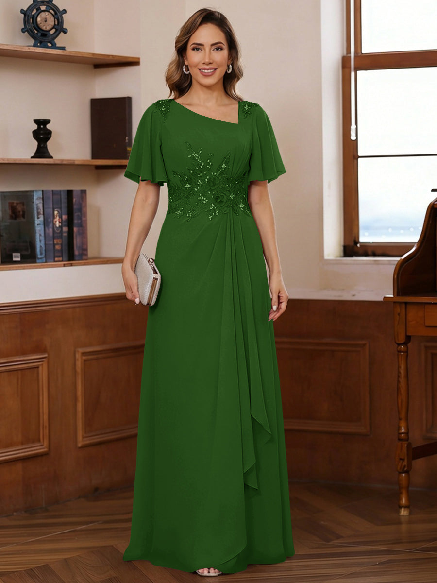 A-Line/Princess Asymmetrical Pleated Floor-Length Mother of the Bride Dresses with Sequins