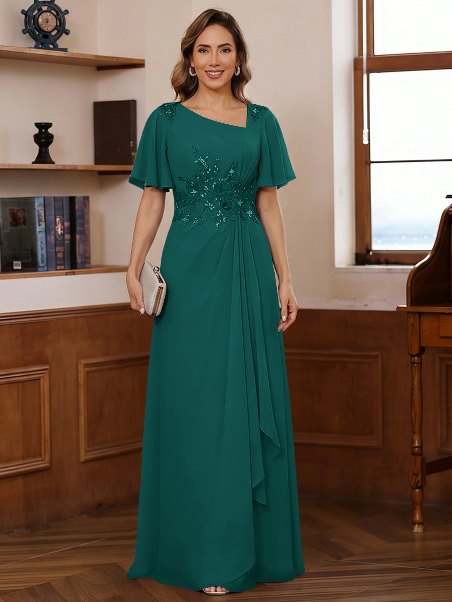 A-Line/Princess Asymmetrical Pleated Floor-Length Mother of the Bride Dresses with Sequins