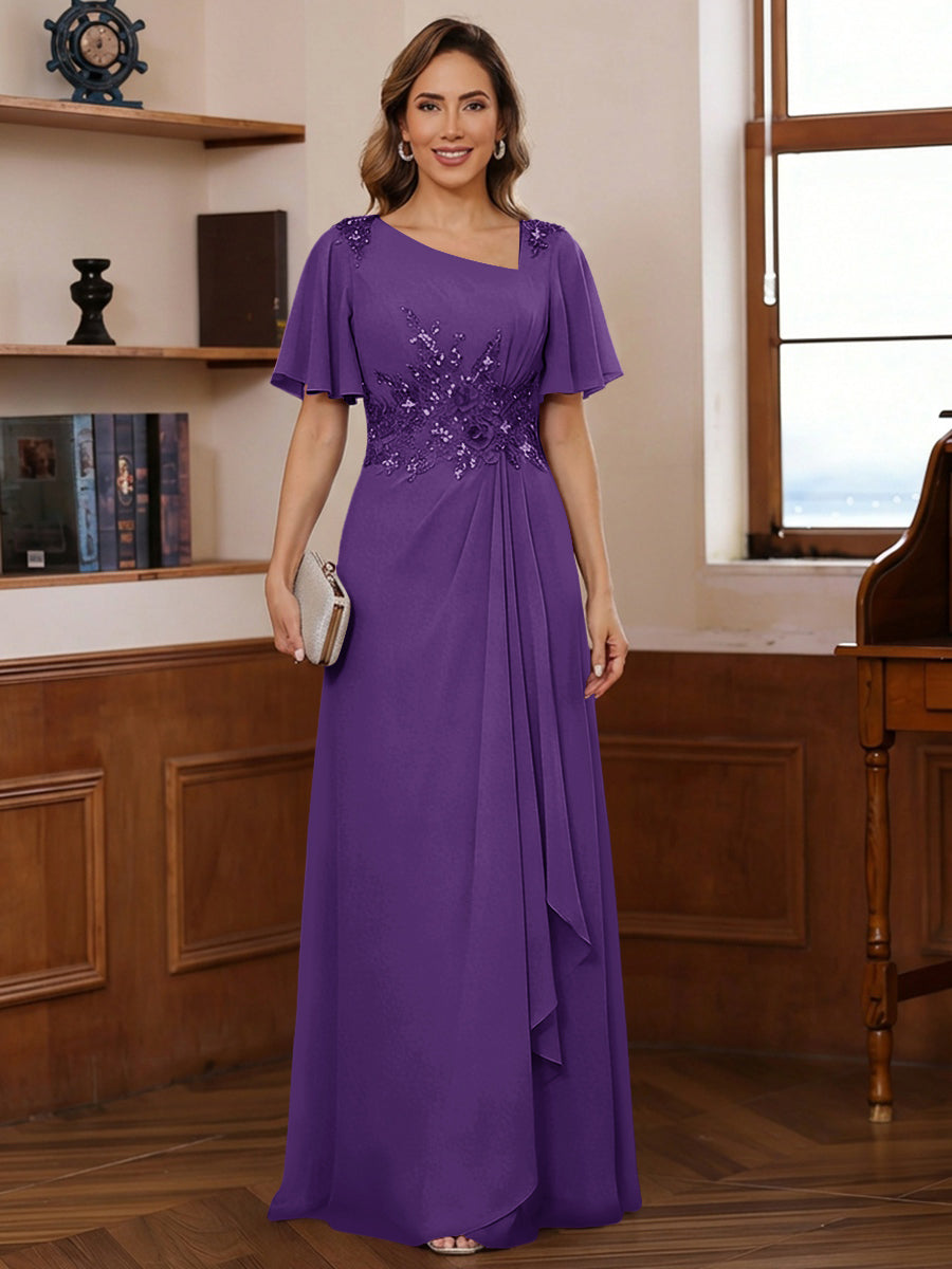 A-Line/Princess Asymmetrical Pleated Floor-Length Mother of the Bride Dresses with Sequins