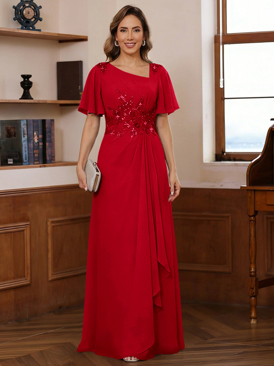 A-Line/Princess Asymmetrical Pleated Floor-Length Mother of the Bride Dresses with Sequins