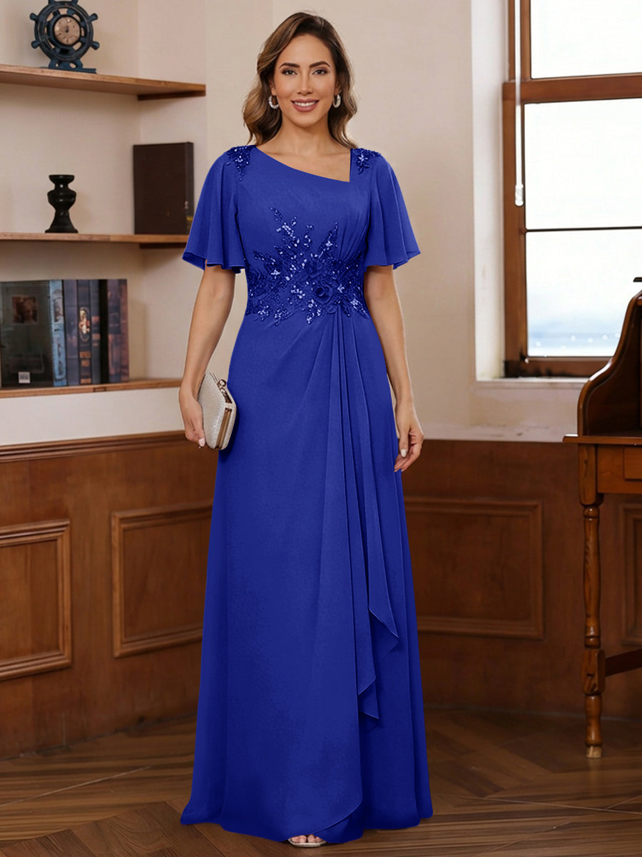 A-Line/Princess Asymmetrical Pleated Floor-Length Mother of the Bride Dresses with Sequins