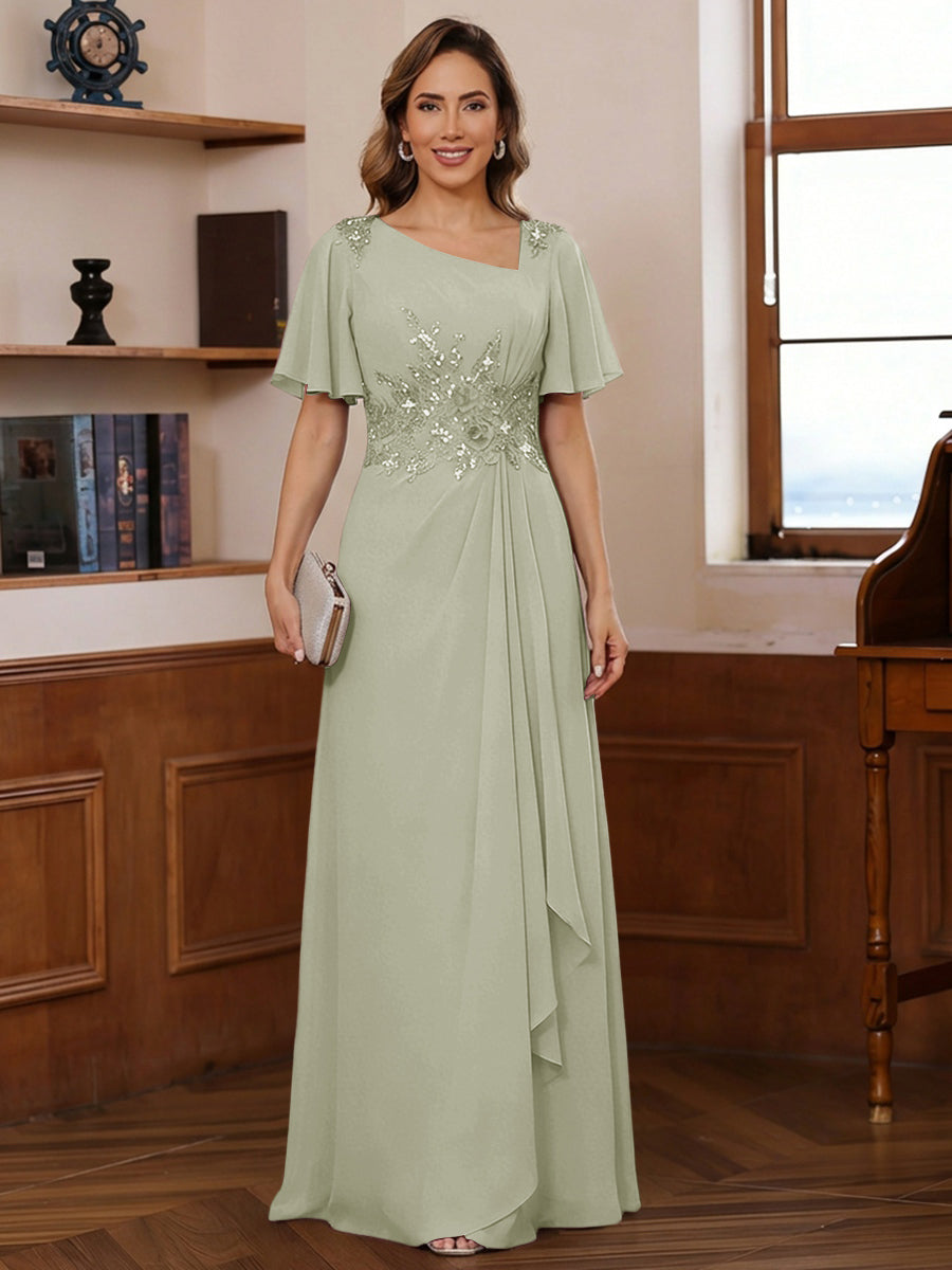 A-Line/Princess Asymmetrical Pleated Floor-Length Mother of the Bride Dresses with Sequins