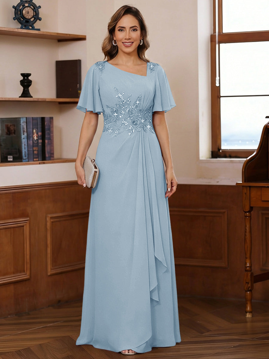 A-Line/Princess Asymmetrical Pleated Floor-Length Mother of the Bride Dresses with Sequins