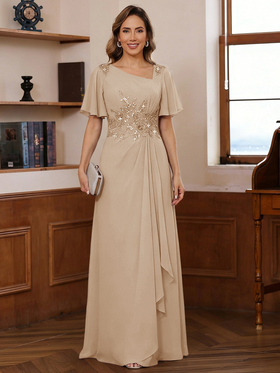 A-Line/Princess Asymmetrical Pleated Floor-Length Mother of the Bride Dresses with Sequins