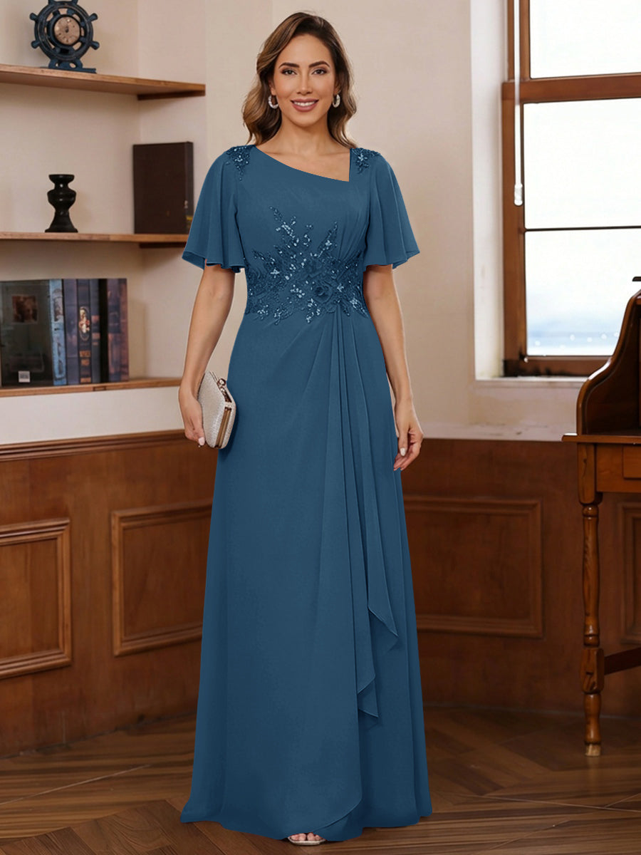 A-Line/Princess Asymmetrical Pleated Floor-Length Mother of the Bride Dresses with Sequins