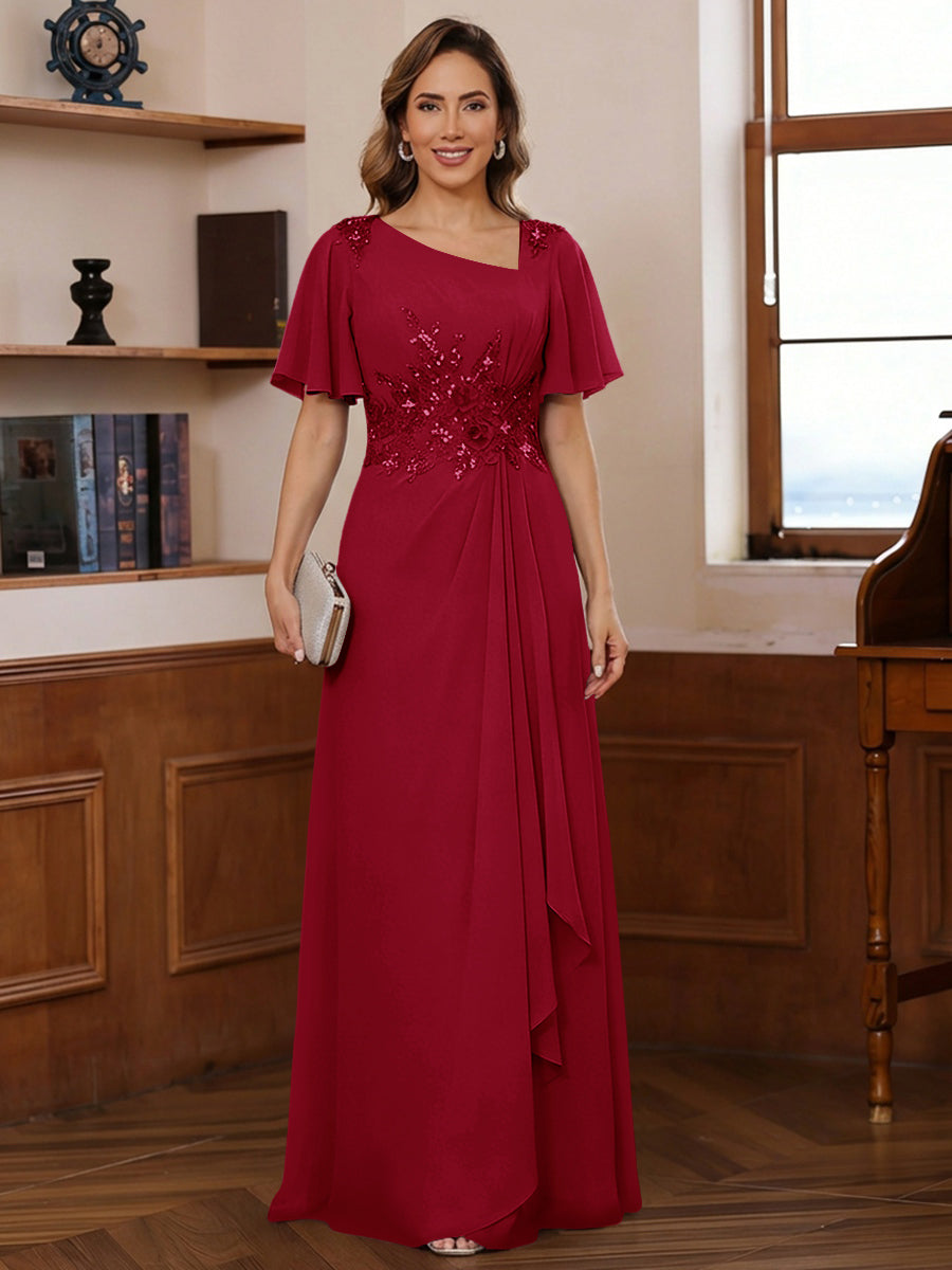 A-Line/Princess Asymmetrical Pleated Floor-Length Mother of the Bride Dresses with Sequins