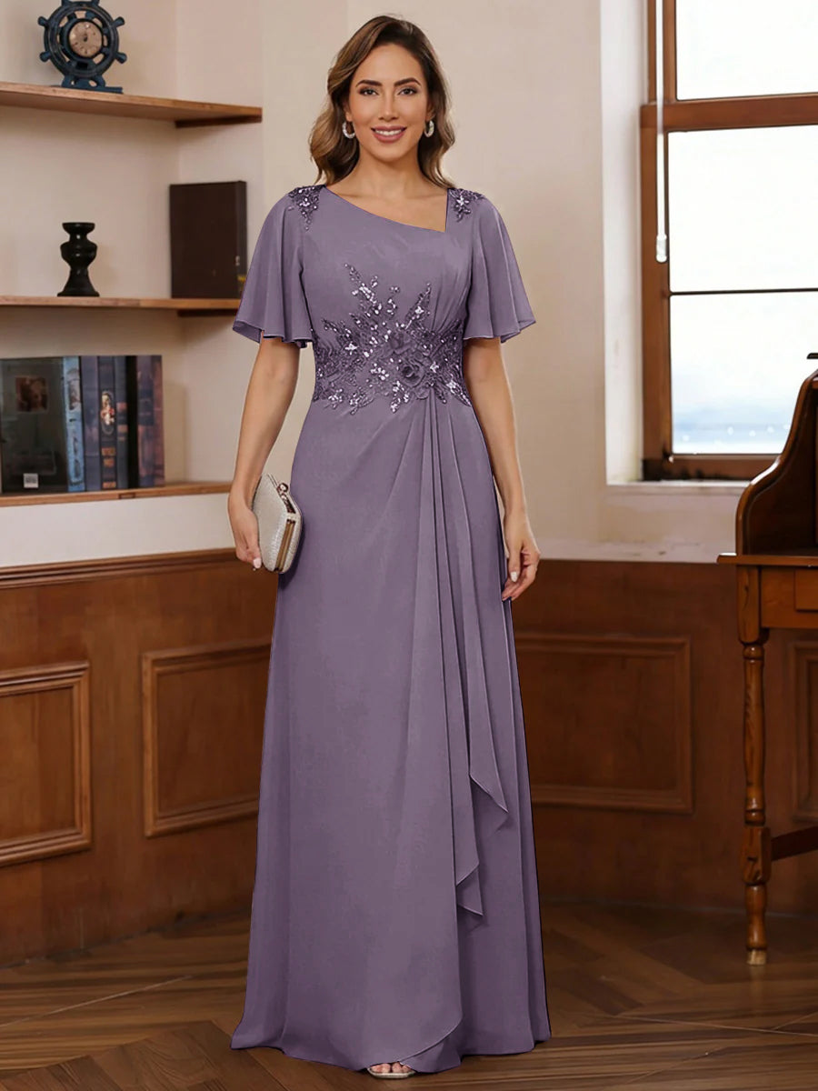 A-Line/Princess Asymmetrical Pleated Floor-Length Mother of the Bride Dresses with Sequins