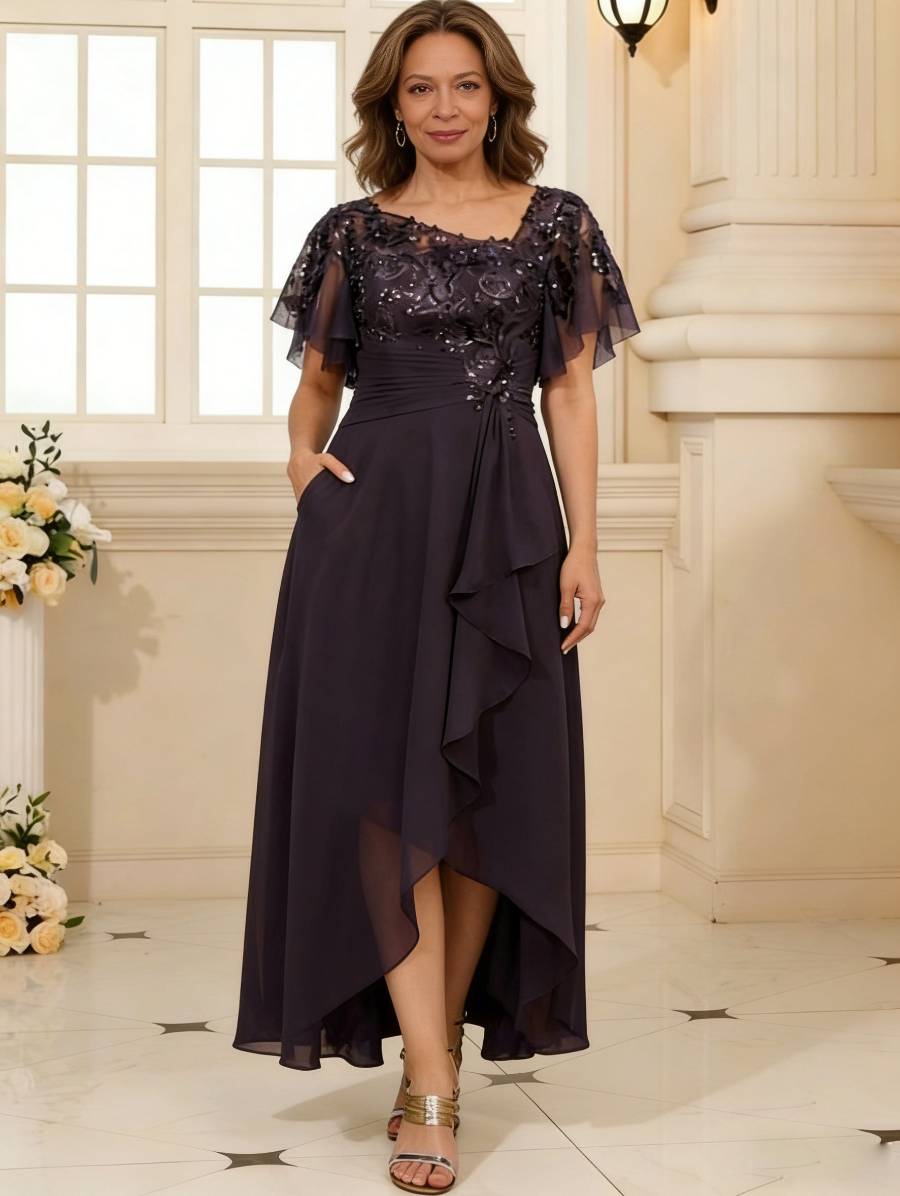 A-Line/Princess Asymmetrical Pleated Ruffle Tea-Length Mother of the Bride Dresses with Sequins