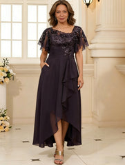 A-Line/Princess Asymmetrical Pleated Ruffle Tea-Length Mother of the Bride Dresses with Sequins
