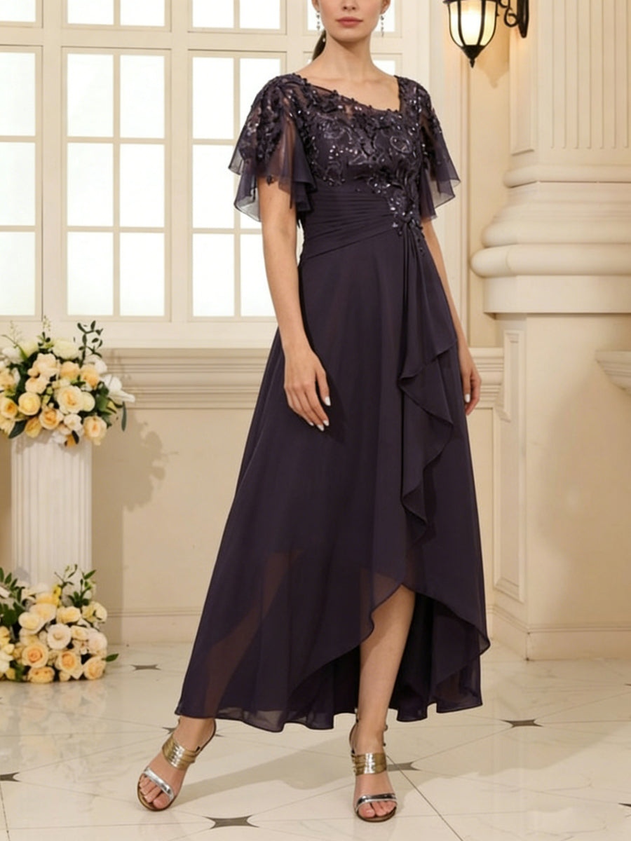 A-Line/Princess Asymmetrical Pleated Ruffle Tea-Length Mother of the Bride Dresses with Sequins