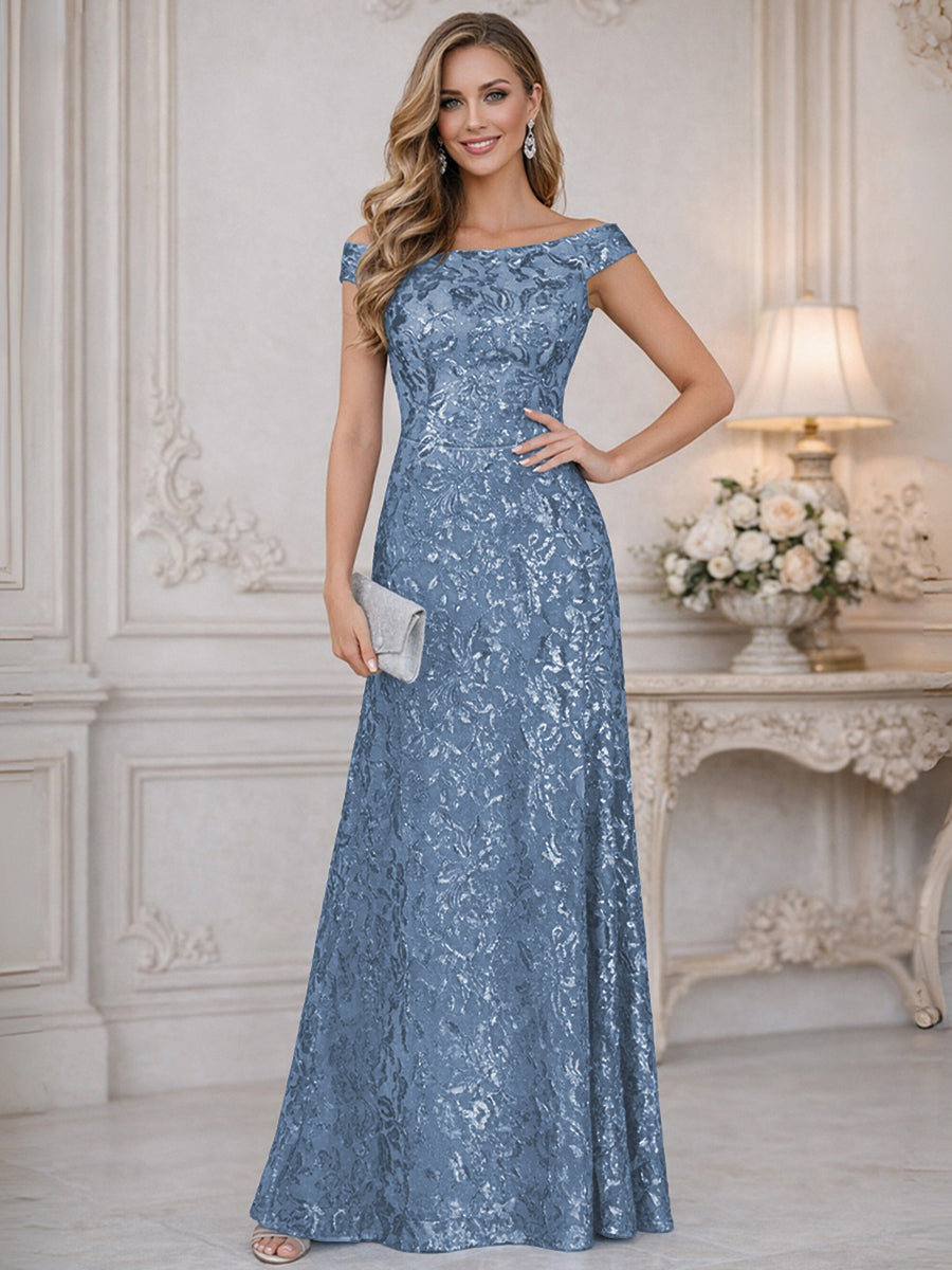 A-Line Off Shoulder Floor-Length Mother of the Bride Dresses with Sequins