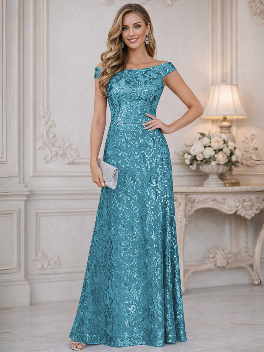 A-Line Off Shoulder Floor-Length Mother of the Bride Dresses with Sequins