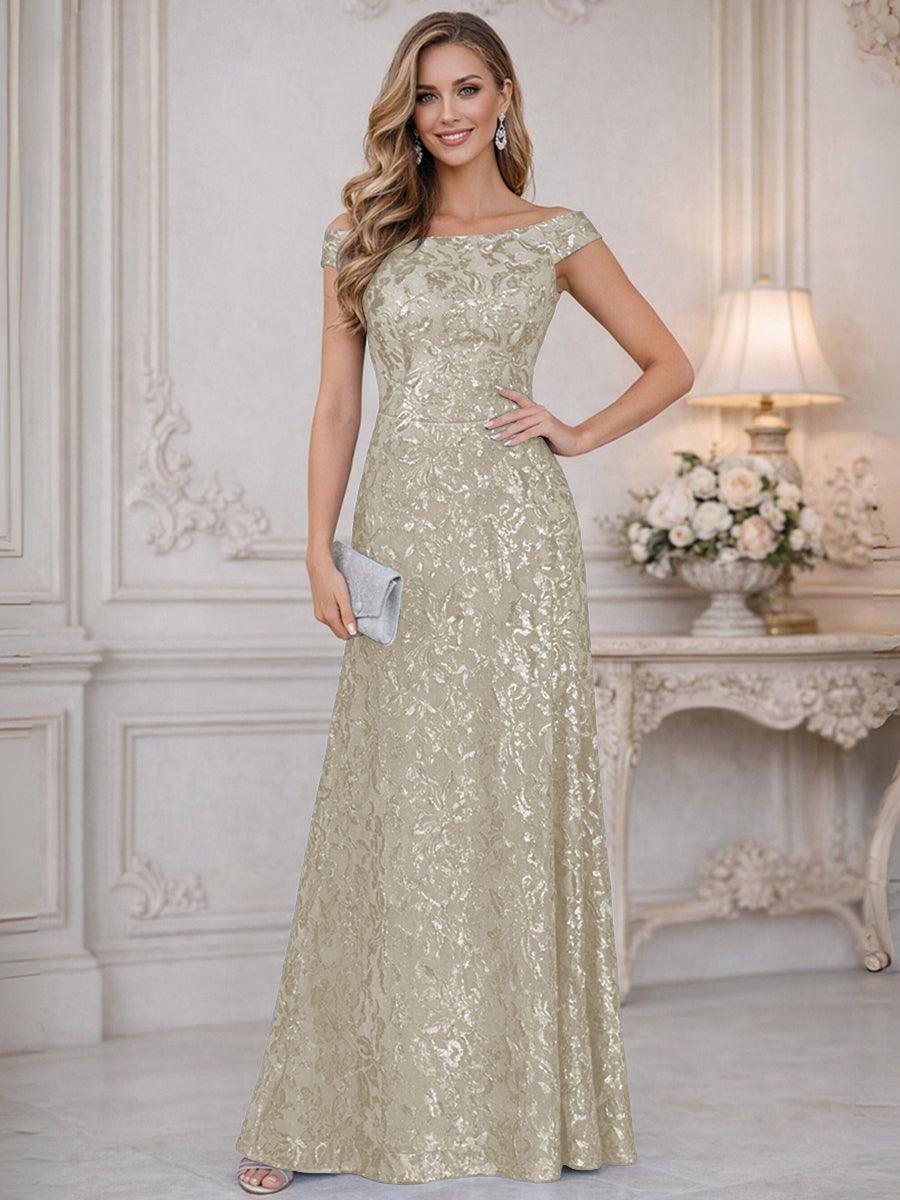 A-Line Off Shoulder Floor-Length Mother of the Bride Dresses with Sequins