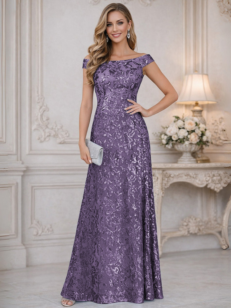 A-Line Off Shoulder Floor-Length Mother of the Bride Dresses with Sequins