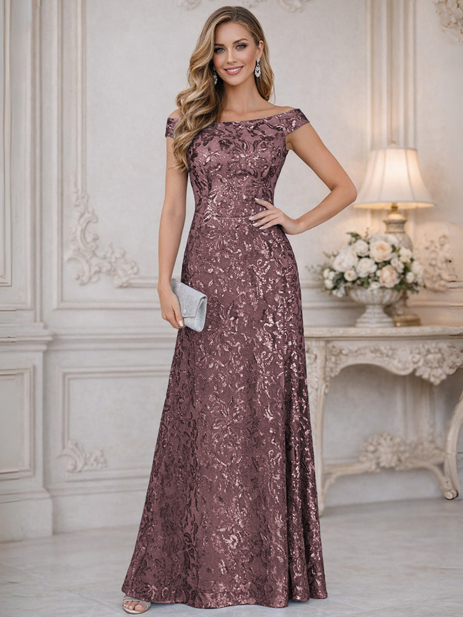 A-Line Off Shoulder Floor-Length Mother of the Bride Dresses with Sequins