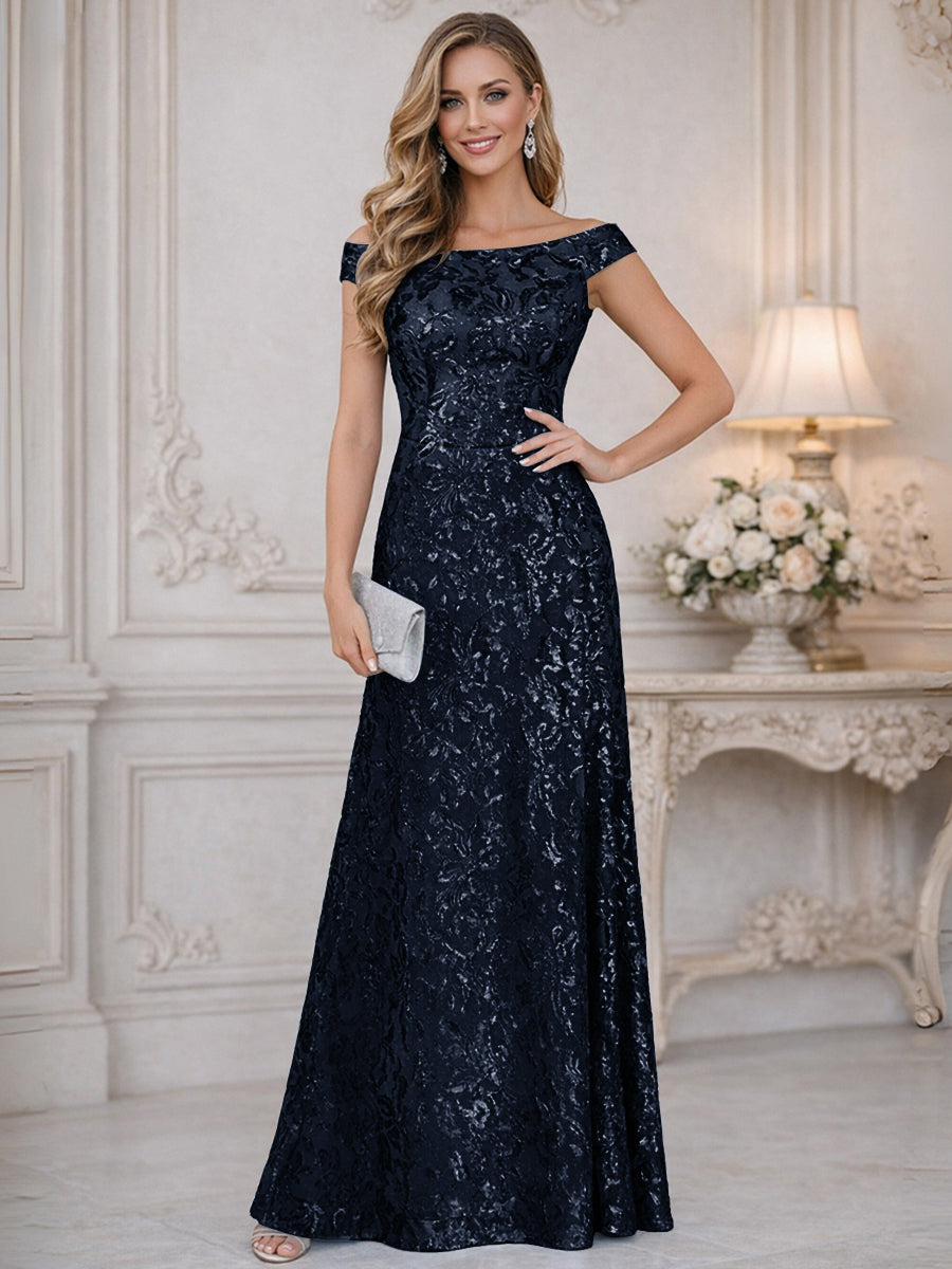A-Line Off Shoulder Floor-Length Mother of the Bride Dresses with Sequins