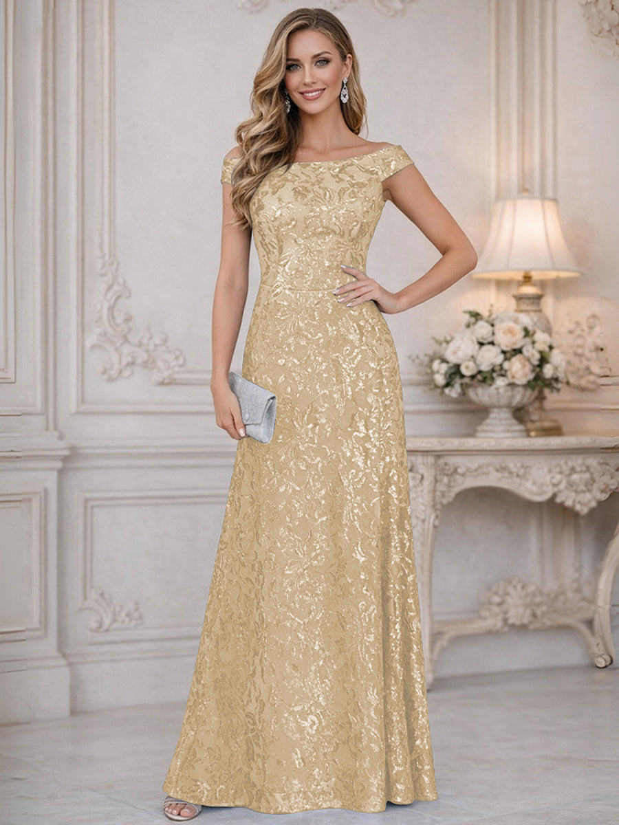 A-Line Off Shoulder Floor-Length Mother of the Bride Dresses with Sequins