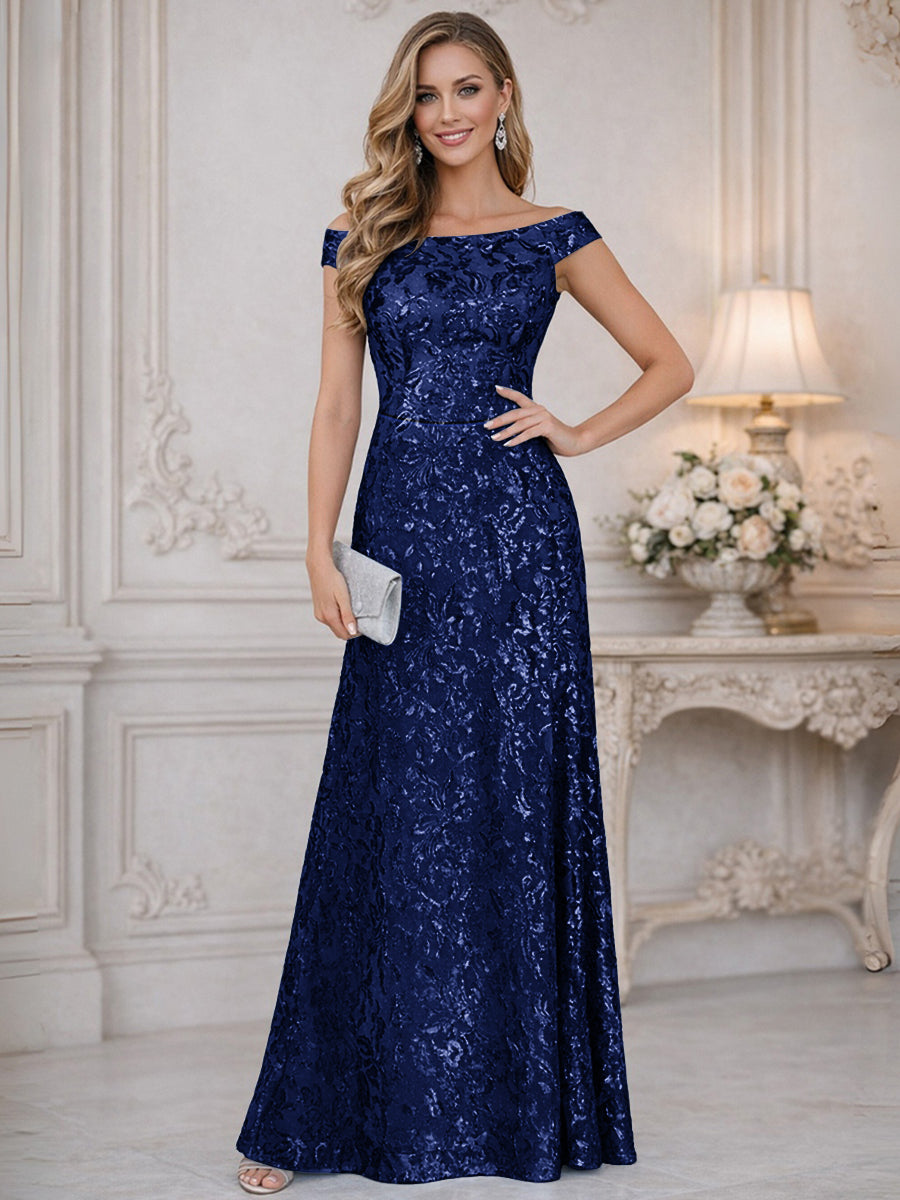 A-Line Off Shoulder Floor-Length Mother of the Bride Dresses with Sequins